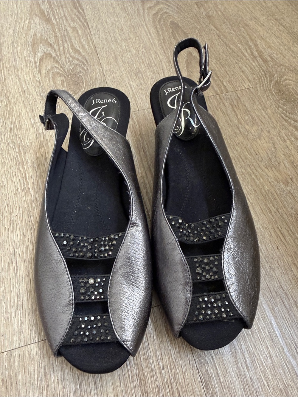 J.Renee Metallic Pewter Open-Toe Slingback Sandals with Embellished Straps